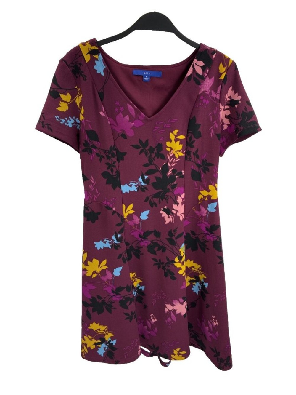 Apt 9 Womens Floral Fit Flare Dress Burgundy V Neck Short Sleeve Size M